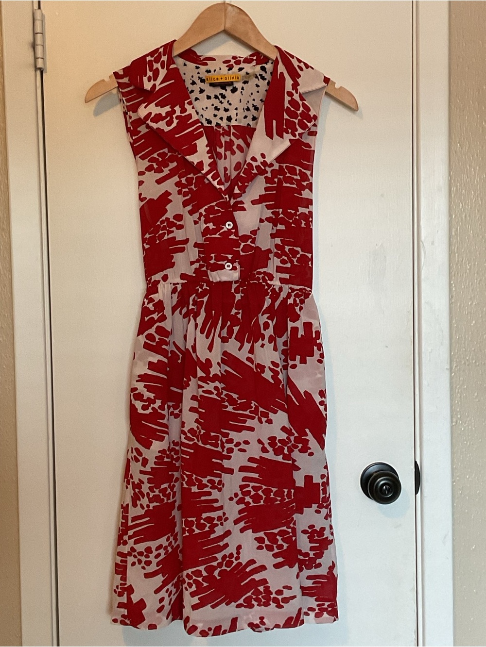 Alice + Olivia Red White Abstract Brushstroke Sleeveless Silk Dress S/P
